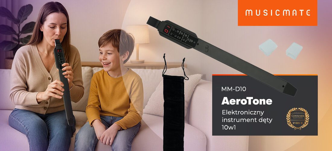 MM-D10 AeroTone elektroniczny instrument dęty z dziesięcioma brzmieniami, osoba uczaca gry na instrumencie dziecko