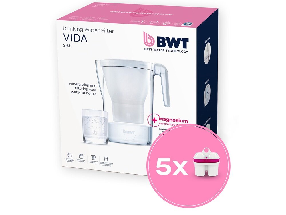 Dzbanek filtrujący BWT Vida + 5 wkłady MG2+ Biały zdrowa woda, odpowiedni smak, woda wzbogacona o magnez, poprawa jakości