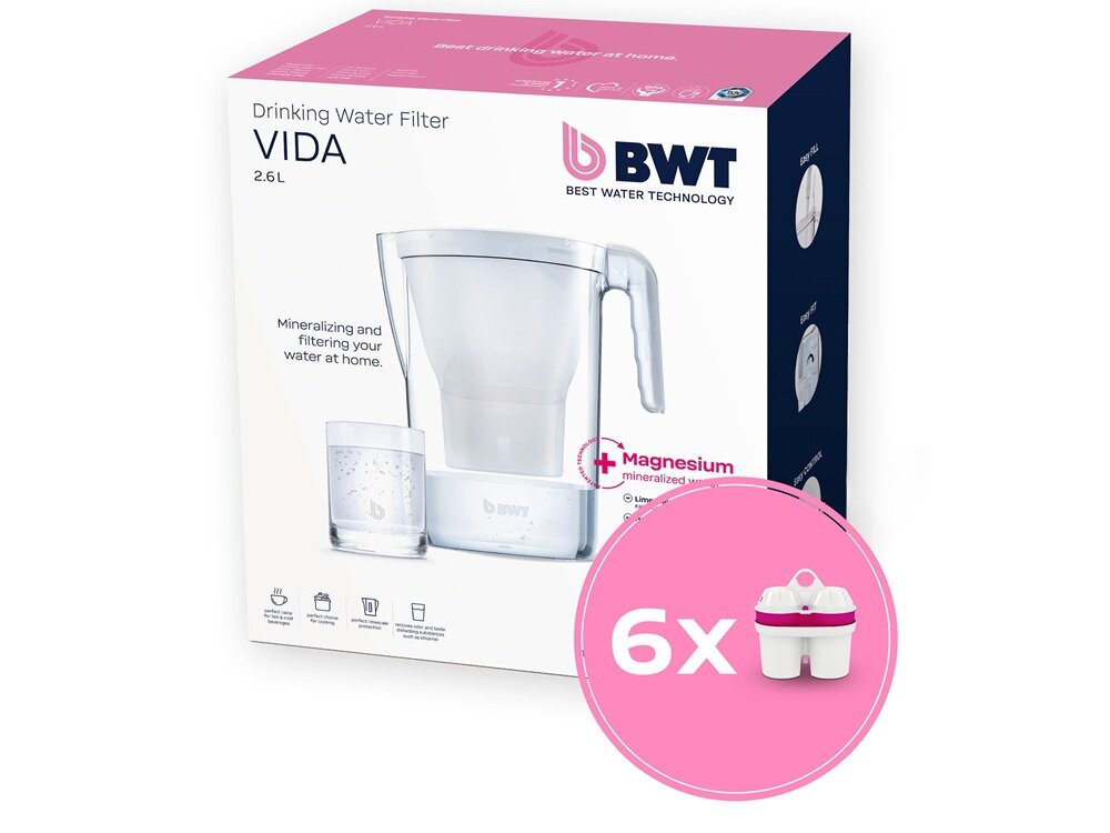 Dzbanek filtrujący BWT Vida + 6 wkłady MG2+ Biały zdrowa woda, odpowiedni smak, woda wzbogacona o magnez, poprawa jakości