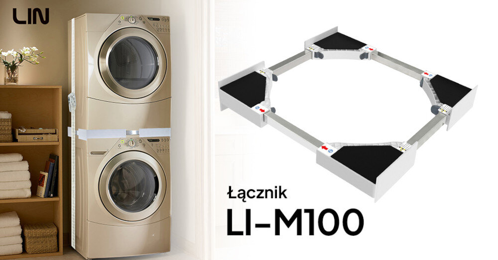 ŁĄCZNIK UNIWERSALNY LIN LI-M100 zdjęcie lifestyle pralka suszarka dwa urządzenia ustawione na sobie regał ręczniki książki dekoracje łącznik zdjęcie produktowe