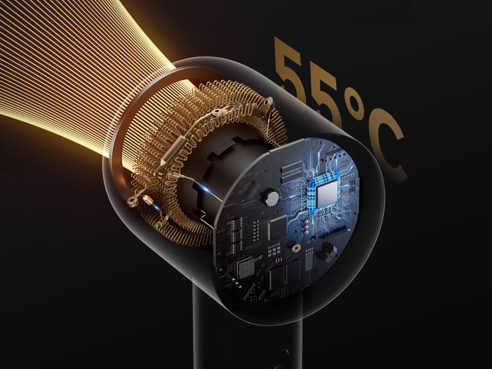 Suszarka DREAME Glory Mix 1600W wizualizacja działania systemu kontroli NTC 55 stopni pomiar temperatury ochrona włosów