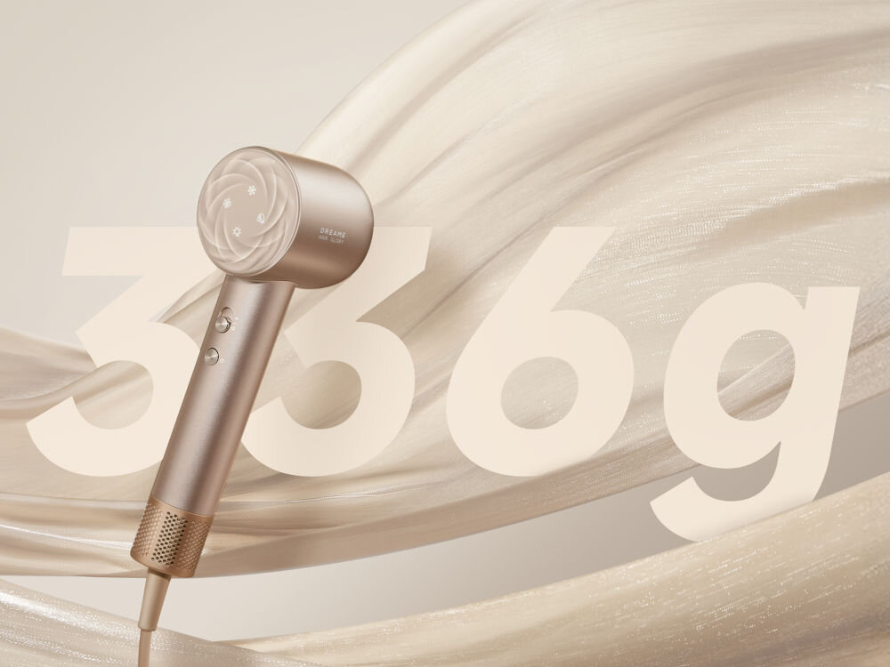 Suszarka DREAME Glory Mix 1600W suszarka na tle dużego napisu 366 g waga długość uchwytu wymiary długość kabla