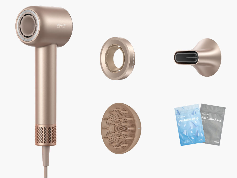 Suszarka DREAME Glory Mix 1600W elementy zestawu dysza zapachowa dysza wygładzająca dyfozor pierścienie zapachowe