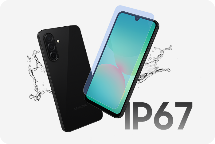 Obraz przedstawia czarny smartfon z trzema aparatami z tyłu oraz ekranem z wyświetlaczem. Obok urządzenia widoczny jest napis \'IP67\' oraz rozpryskująca się woda.