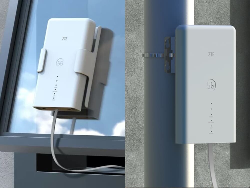 Router ZTE MC889 5G Podzielony obraz pokazujący biały odbiornik ZTE 5G zamontowany z lewej strony na oknie oraz z prawej na słupie. Oba urządzenia mają podłączone kable i świecące diody sygnalizacyjne.
