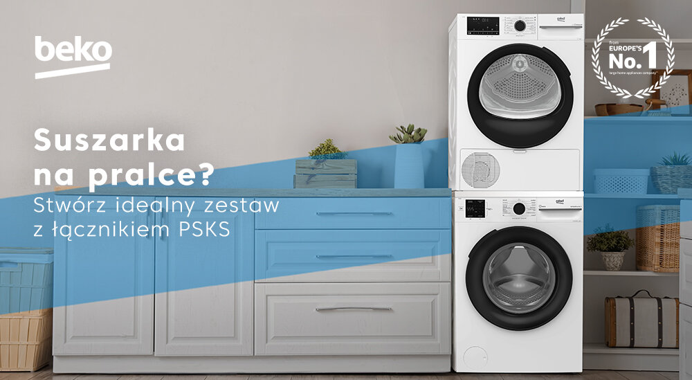 Na obrazie znajduje się zestaw pralki i suszarki ustawionych pionowo, obok szafek kuchennych. Widoczny jest tekst: \'beko\', \'Suszarka na pralkę? Stwórz idealny zestaw z łącznikiem PSKS\', oraz \'Europe\'s No. 1\'.