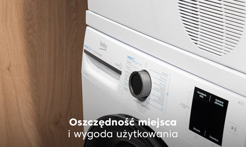 Na obrazie widoczna jest biała pralka z panelem sterowania i pokrętłem, z logo \'beko\'. Na dole znajduje się tekst: \'Oszczędność miejsca i wygoda użytkowania\'.