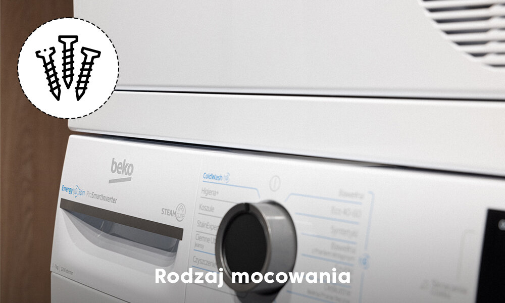 Na obrazie widoczna jest pralka marki beko z panelem sterowania i pokrętłem. W lewym górnym rogu znajduje się ikona trzech śrubek, a poniżej napis \'Rodzaj mocowania\'.