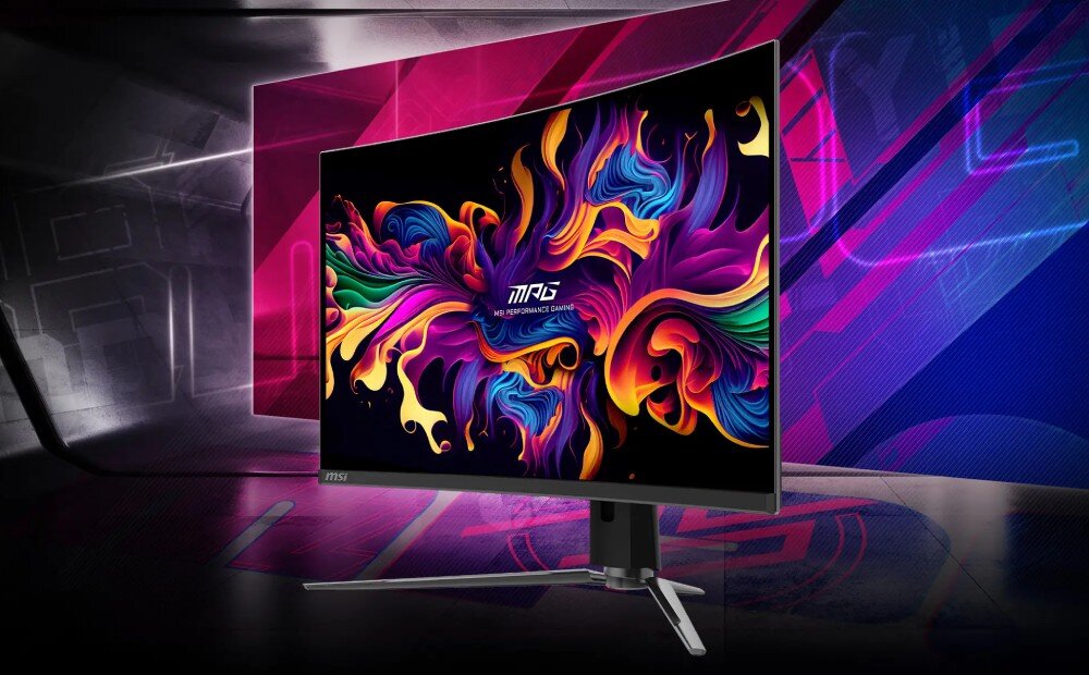 Monitor MSI MPG 321CURX QD-OLED Zakrzywiony monitor na nowoczesnej podstawie, z barwną grafika przypominającą dym na ekranie