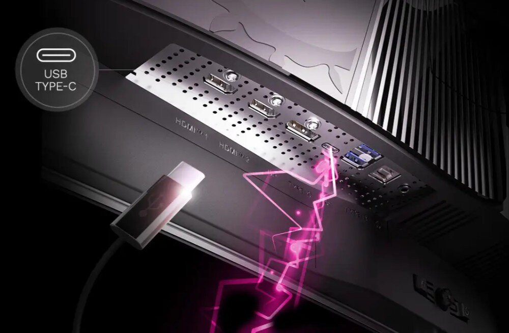 Monitor MSI MPG 321CURX QD-OLED Widok na panel z portami z tyłu obudowy, ze zbliżeniem na złącze 'USB TYPE-C' i podłączany kabel