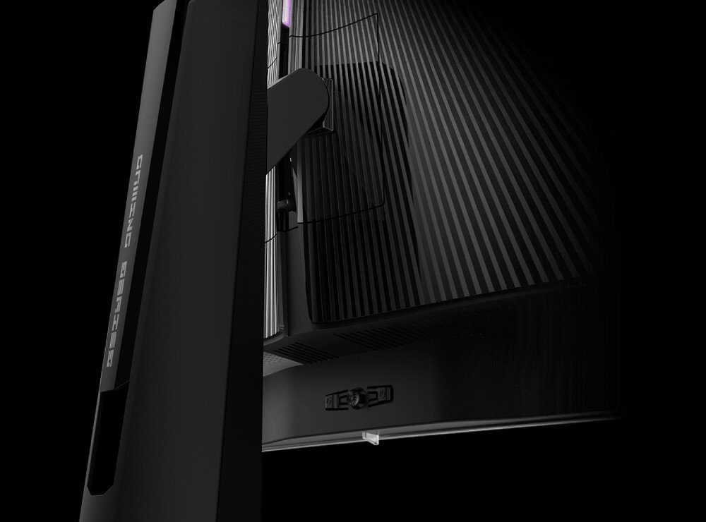 Monitor MSI MPG 321CURX QD-OLED Zbliżenie na tył obudowy z widocznym profilowanym ramieniem podstawy oraz joystickiem do sterowania