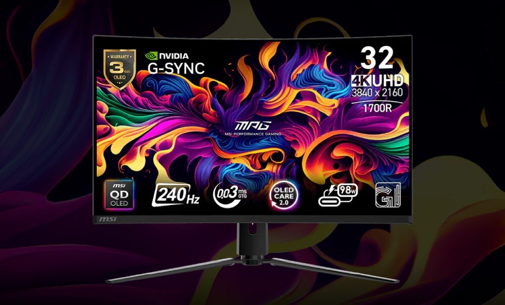 Monitor MSI MPG 321CURX QD-OLED Monitor zakrzywiony od przodu z ikony funkcji, m.in. 240 Hz, 0.03 ms i OLED Care 2.0