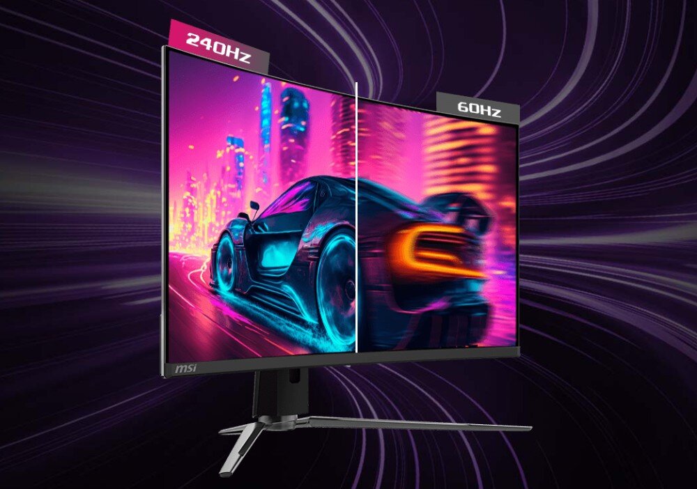 Monitor MSI MPG 321CURX QD-OLED Ekran z podziałem na część z płynnym obrazem '240Hz' oraz rozmazanym '60Hz' z samochodem
