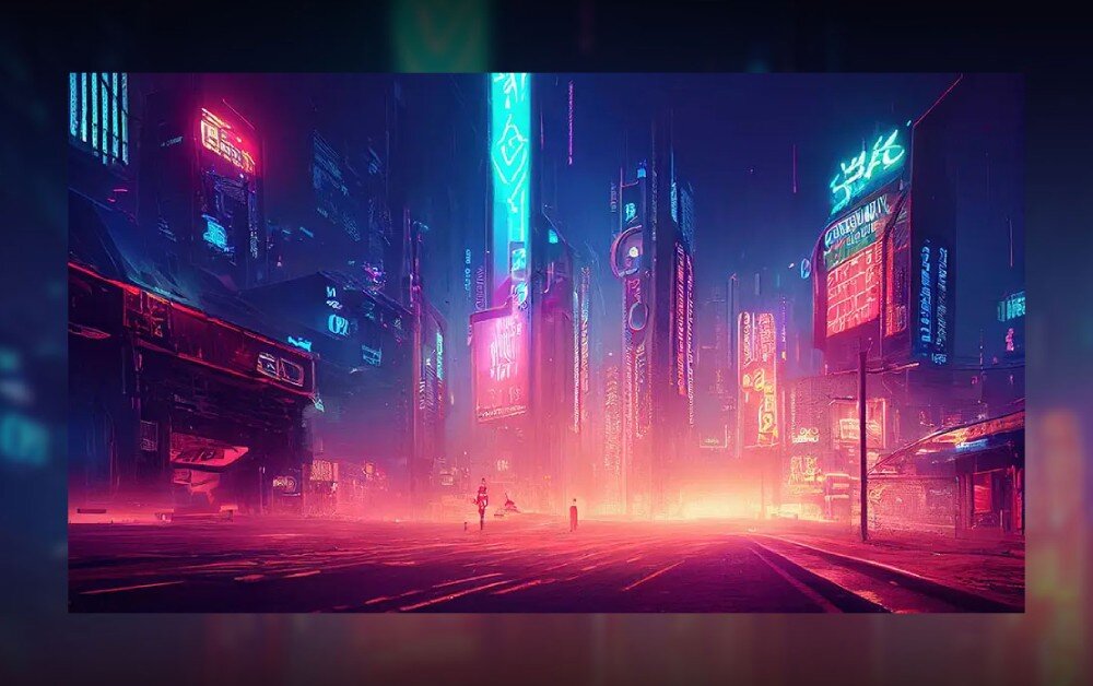 Monitor MSI MPG 321CURX QD-OLED Ekran przedstawiający nocne miasto w stylu cyberpunkowym z licznymi neonami