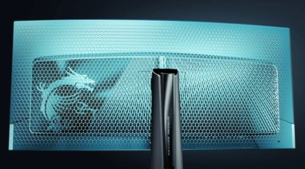 Monitor MSI MPG 321CURX QD-OLED Tył obudowy z fakturą w kształcie plastra miodu i logo przedstawiającym smoka