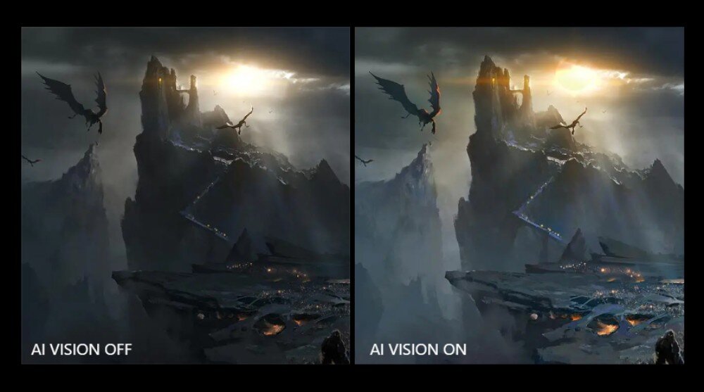 Monitor MSI MPG 321CURX QD-OLED Porównanie ciemnej sceny z zamkiem i smokami dla opcji 'AI VISION OFF' oraz 'AI VISION ON'