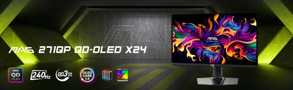 Monitor MSI Mag 271QP QD-OLED X24 26.5 cala 2560x1440px 240Hz 0.03ms [GTG] prezentacja monitora w tle podświetlony ledami magazyn ikony technologii
