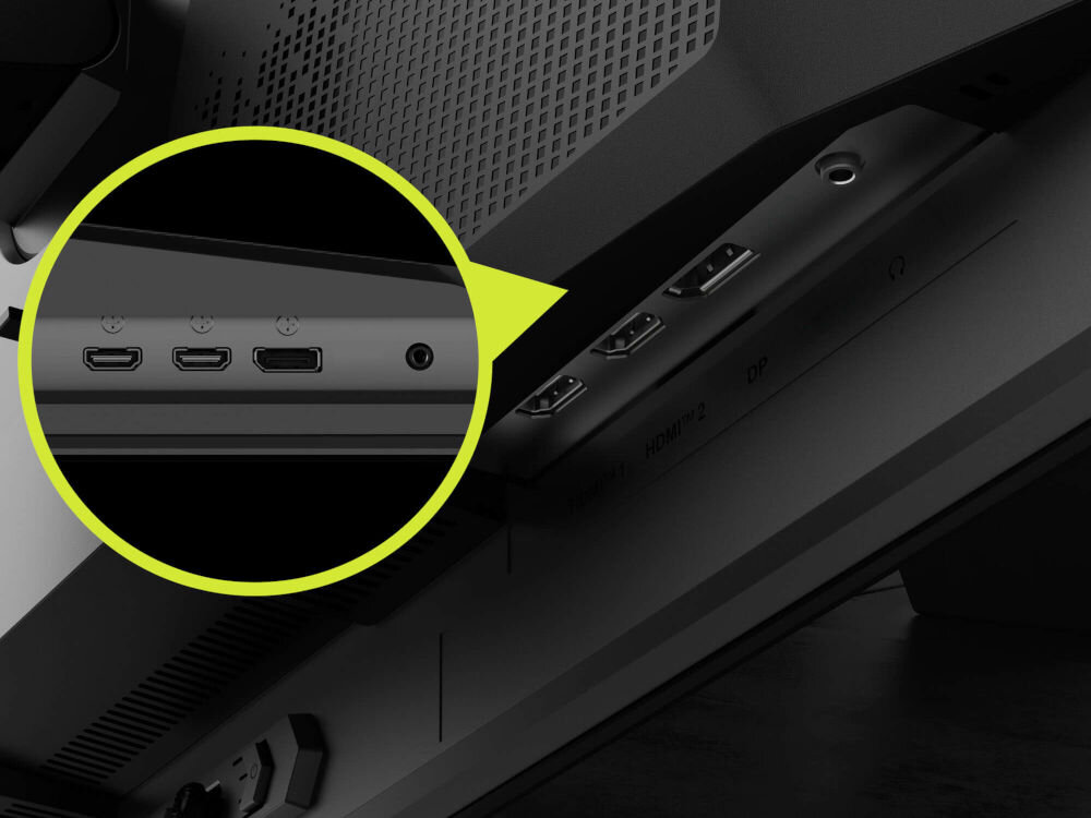 Monitor MSI Mag 271QP QD-OLED X24 26.5 cala 2560x1440px 240Hz 0.03ms [GTG] prezentacja portów i gniazd znajdujących się z tyłu obudowy DisplayPort 1.4a HDMI™ 2.1 2560 x 1440 240 Hz płynność wysokiej jakości obraz