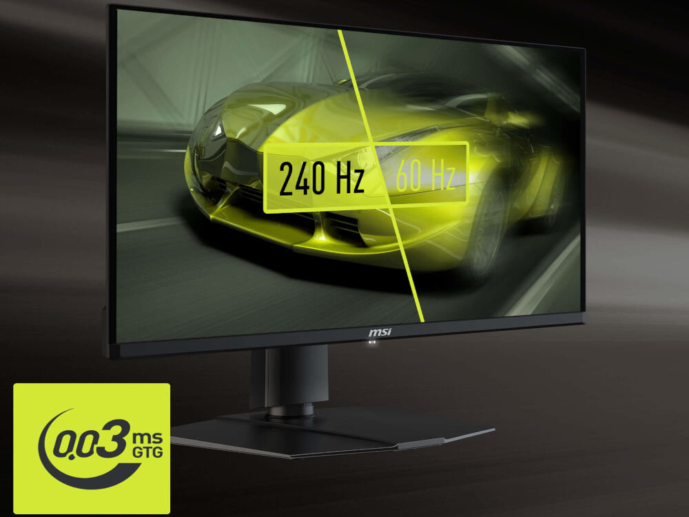 Monitor MSI Mag 271QP QD-OLED X24 26.5 cala 2560x1440px 240Hz 0.03ms [GTG] prezentacja monitora na ciemnym tle pokazanie 240 Hz i 60 Hz na ekranie samochód jadący drogą 240Hz odświeżanie płynny obraz synchronizacja redukcja zacięć