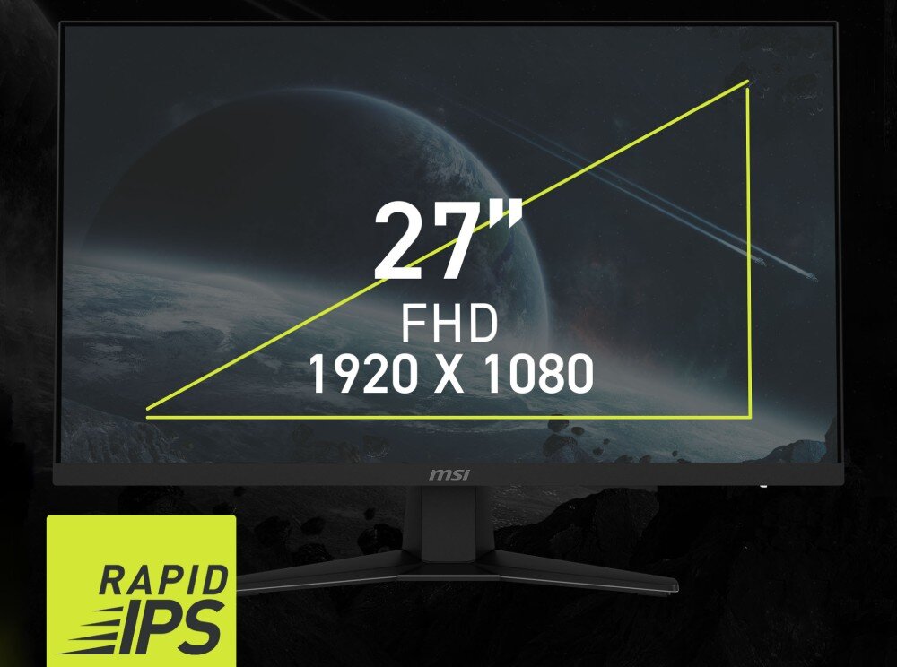 Monitor MSI Mag 274F Monitor na tle grafiki z planetą z naniesionymi wymiarami i napisami '27', 'FHD', '1920 X 1080' 