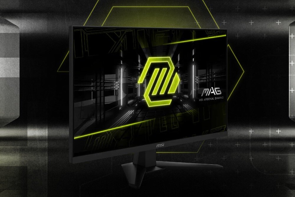 Monitor MSI Mag 274F Monitor widoczny pod kątem z prawej strony, wyświetlający na ekranie logo serii na czarno-zielonym tle