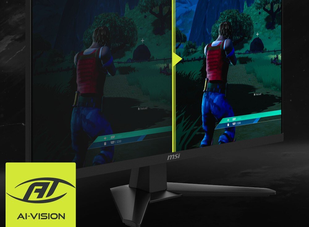 Monitor MSI Mag 274F Porównanie jasności w grze, prawa strona z włączoną funkcją 'AI-VISION' jest wyraźnie jaśniejsza i ukazuje więcej detali w cieniu