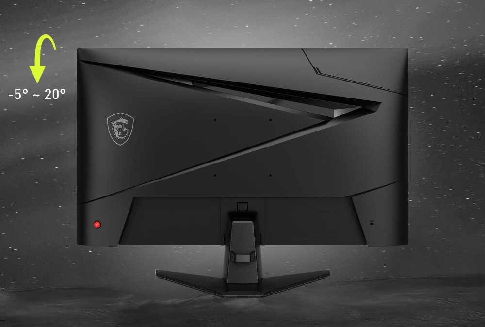 Monitor MSI Mag 274F Tylna część obudowy z żółtą strzałką i opisem '-5 do 20' stopni wskazującym zakres regulacji nachylenia ekranu