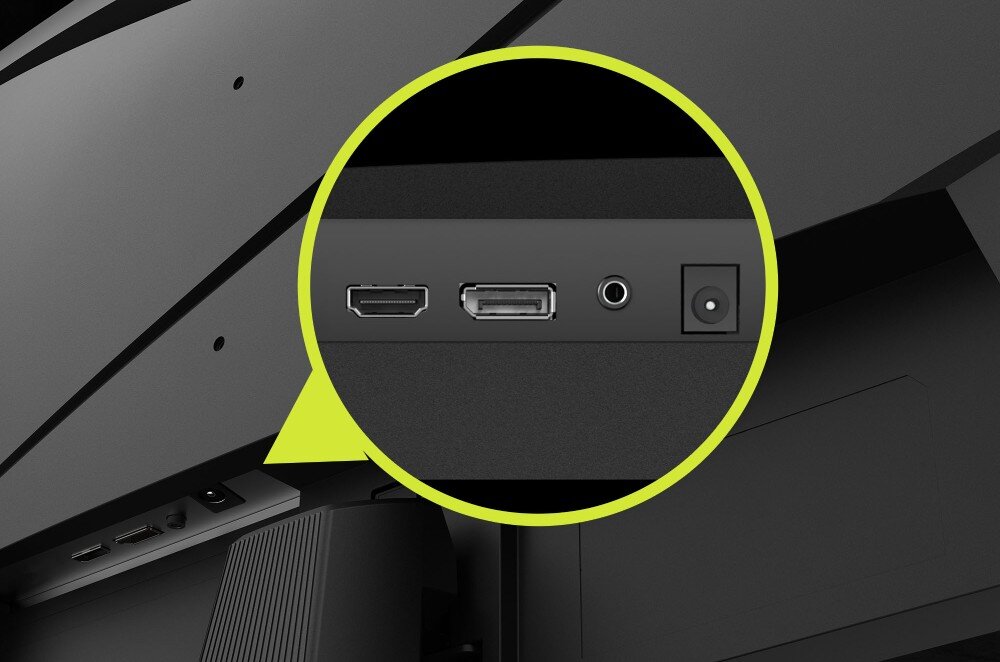 Monitor MSI Mag 274F Zbliżenie na tylny panel z portami, widoczne są gniazda HDMI, DisplayPort, wyjście audio oraz złącze zasilania