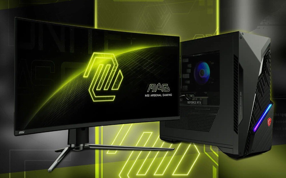 Monitor MSI Mag 321CUP QD-OLED Stanowisko komputerowe z zakrzywionym monitorem wyświetlającym zielone logo serii oraz stojącą obok obudową komputera z podświetleniem RGB, matryca OLED, rozdzielczość, kolory