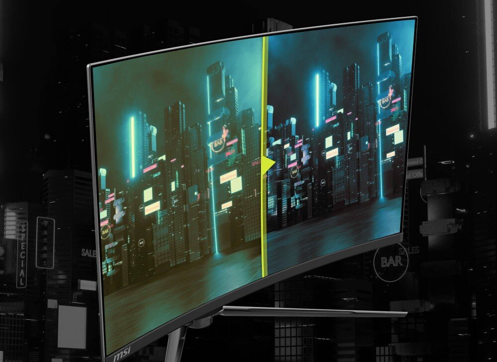 Monitor MSI Mag 321CUP QD-OLED Ekran monitora wyświetlający nocną panoramę miasta z pionową linią podziału demonstrującą różnicę w kontraście i jasności między dwiema stronami, ochrona wzroku, niebieskie światło