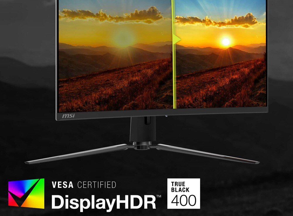 Monitor MSI Mag 321CUP QD-OLED Krajobraz z zachodem słońca nad górami podzielony na pół w celu pokazania lepszego kontrastu i czerni wraz z logo 'VESA CERTIFIED DisplayHDR True Black 400', HDR, kolory, kontrast