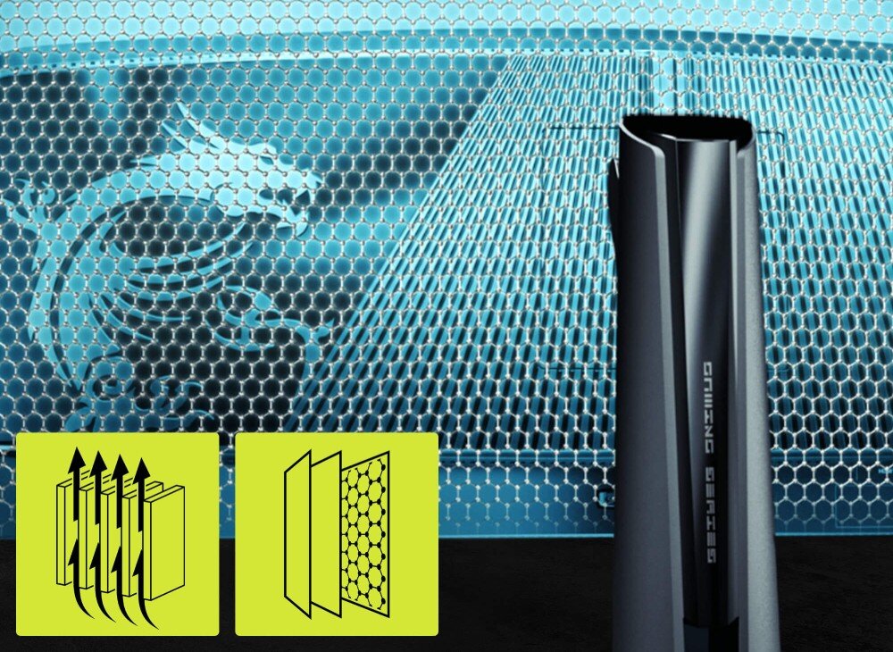 Monitor MSI Mag 321CUP QD-OLED Grafika przedstawiająca tył monitora z nałożoną niebieską strukturą plastra miodu oraz żółtymi ikonami symbolizującymi warstwy chłodzące i brak wentylatora, chłodzenie, radiator