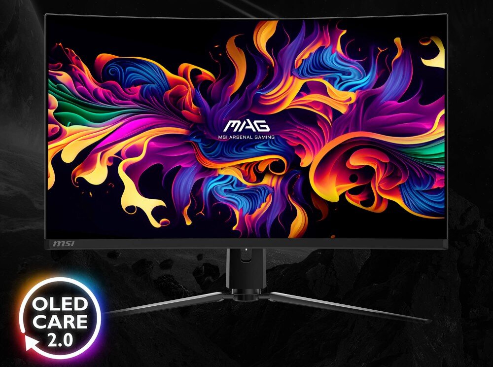 Monitor MSI Mag 321CUP QD-OLED Front monitora z zakrzywionym ekranem wyświetlającym kolorowe abstrakcyjne wzory oraz logo 'OLED CARE 2.0' w lewym dolnym rogu, funkcje, ochrona przed wypaleniem