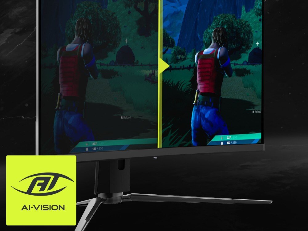 Monitor MSI Mag 321CUP QD-OLED Porównanie obrazu w grze na podzielonym ekranie gdzie prawa strona jest jaśniejsza i bardziej szczegółowa z logo 'AI-VISION' w rogu, optymalizacja obrazu, ustawienia