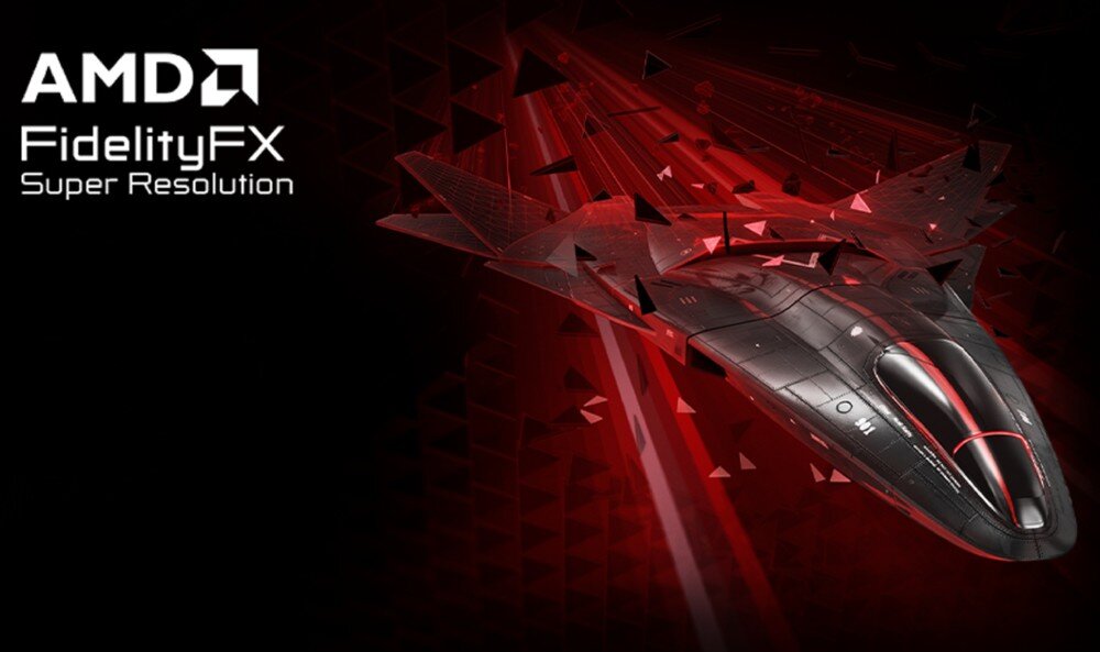 Karta graficzna XFX Radeon RX 9070XT Quicksilver White Gaming Edition 16GB Grafika z futurystycznym, czarnym samolotem na czerwonym tle z logo 'AMD FidelityFX Super Resolution' w lewym górnym rogu, technologie, raytracing, upscaling