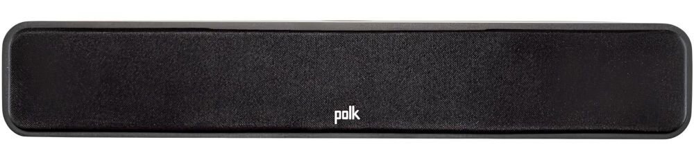 Czarny głośnik z logo \'polk\' na środku przedniej części.