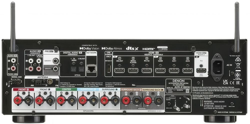 Tył amplitunera z różnymi złączami, w tym HDMI, audio i antenowymi, oraz napisami takimi jak \'Dolby Vision\', \'Dolby Atmos\', \'dts:X\' i \'DENON AVR-X1800H\'.