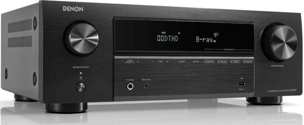Amplituner DENON AVR-X580BT Bluetooth bezprzewodowe strumieniowanie muzyki, amplituner po skosie na białym tle