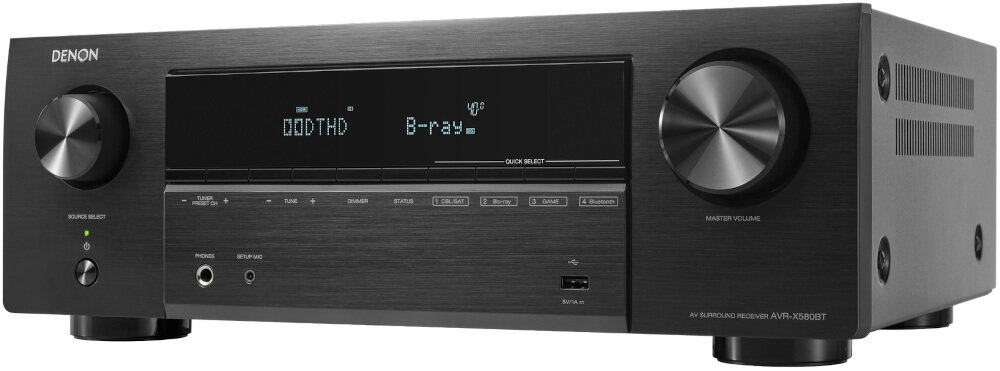 Amplituner DENON AVR-X580BT USB audio 24bit 192kHz FLAC WAV, amplituner po skosie na białym tle