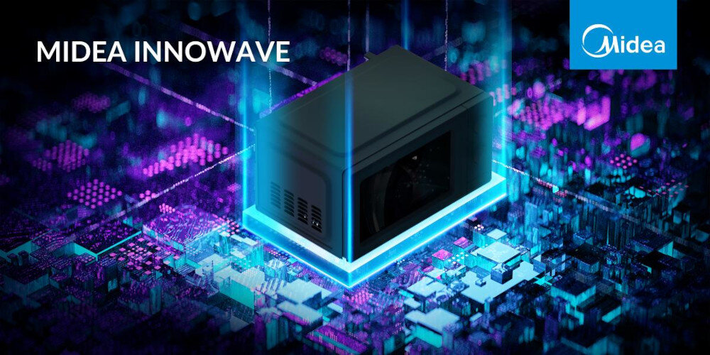 Obraz przedstawia czarną kuchenkę mikrofalową na tle futurystycznej, cyfrowej grafiki z niebieskimi i fioletowymi elementami. Widoczny jest tekst \'MIDEA INNOWAVE\' oraz logo \'Midea\'.