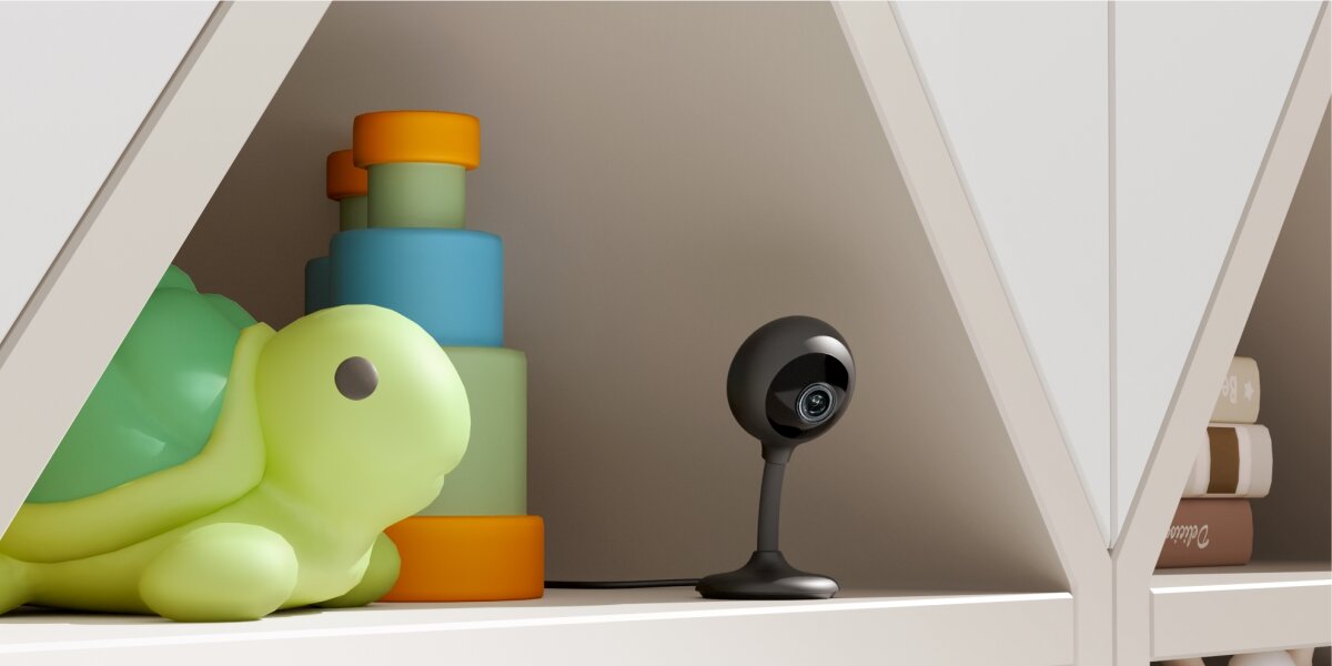 Kamera inteligentna HAMA 176651 Wewnętrzna, WLAN Czarny, kontrola, dom, obraz, bezpieczeństwo, Kamera stoi na szafce w pokoju dziecięcym