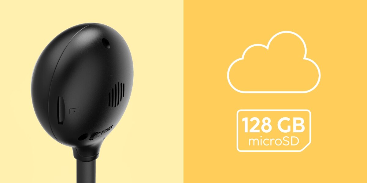 Kamera inteligentna HAMA 176651 Wewnętrzna, WLAN Czarny, microsd, chmura, płatna, nagrania, na żółtym tle kamera, po prawej logotyp pamięci 128gb