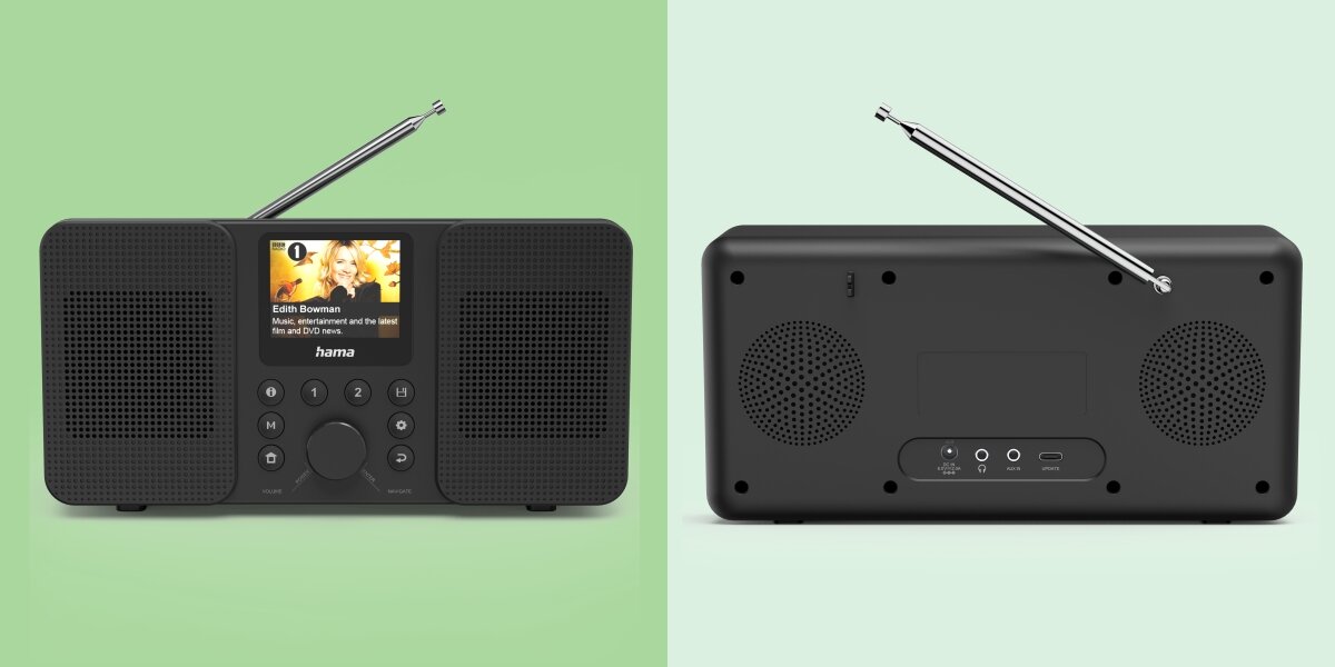 Radio HAMA DIR10 - Szeroki wybór stacji radiowych, FM, DAB/DAB+ oraz radio internetowe, radio od frontu na zielonym tle
