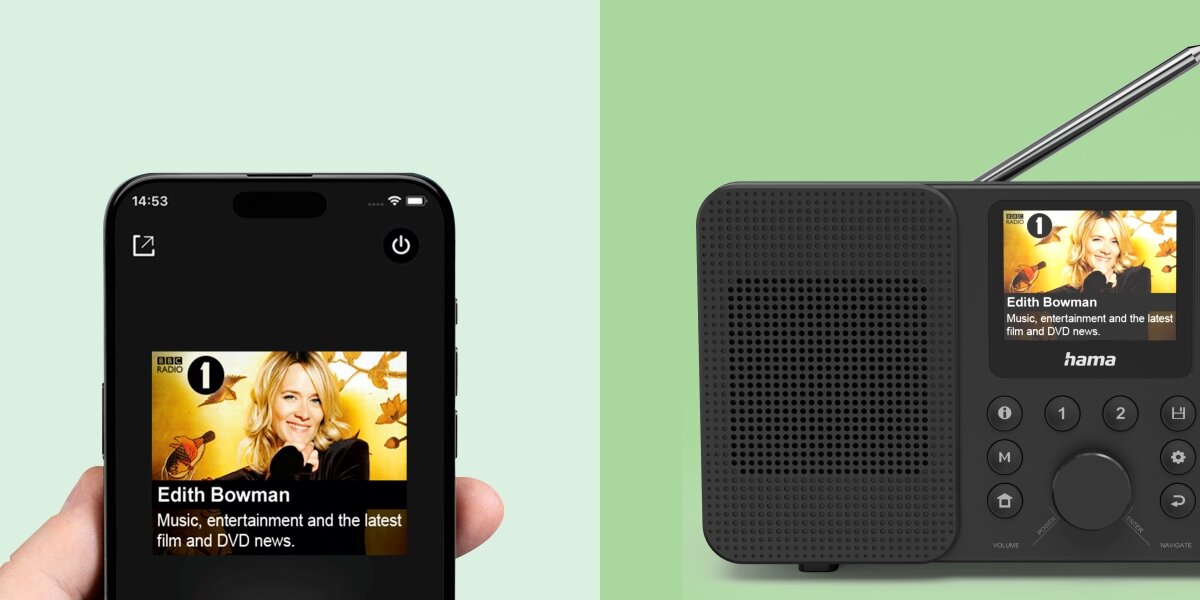 Radio HAMA DIR10 - Bezprzewodowe połączenie, Bluetooth, szybkie i wygodne odtwarzanie, radio od frontu na zielonym tle, smartfon trzymany w ręku