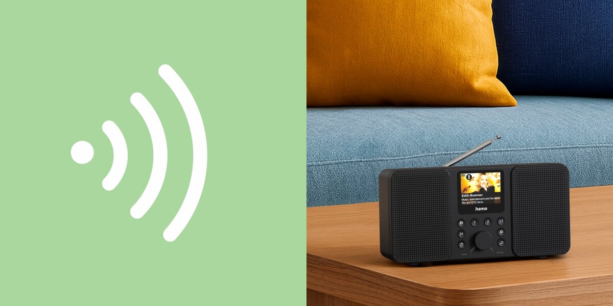 Radio HAMA DIR10 - Czytelny kolorowy wyświetlacz, 2,4-calowy ekran TFT, design, radio stojące na stoliku obok sofy