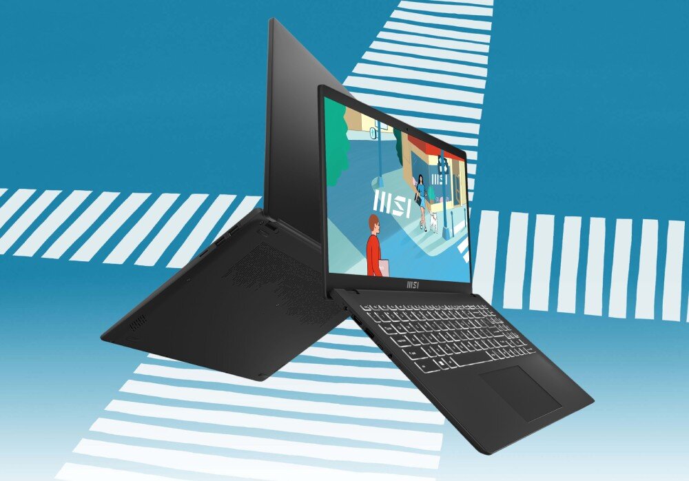 Laptop MSI Modern 15 B12MO na niebieskim tle