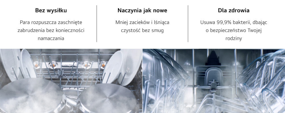ZMYWARKA LG DB476TXS bezpieczne higieniczne czyszczenie parowe rozmiękczanie zaschniętych zabrudzeń