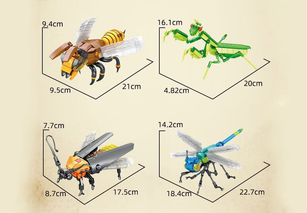 Klocki plastikowe QBI Insect world Osa C0633-1 wymiary wszystkich 4 modeli świetlik 7,7 cm na 8,7 cm na 17,5 cm