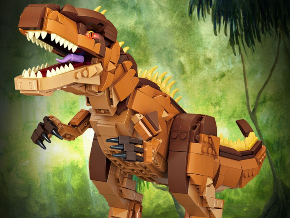 Klocki plastikowe QBI Giganotosaurus FC6255 rochome elementy podstawka z tabliczką informacyjną