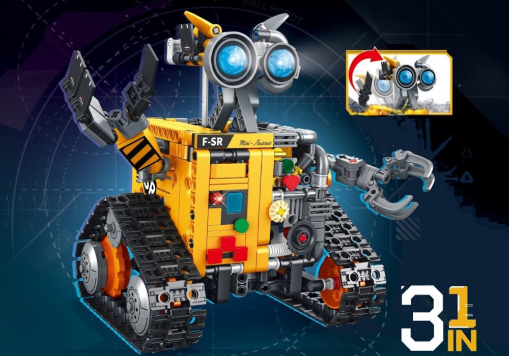 Klocki plastikowe QBI RC Przyjazny Robot FC9014 złożona figurka z tabliczką informacyjną na czarnym tle